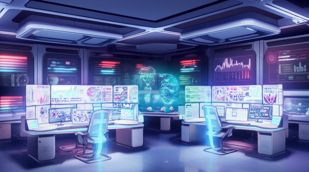 Futuristic AI content creation workspace with trending elements
