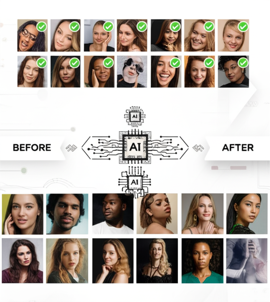 Comparison of good training photos and resulting AI generated selfies
